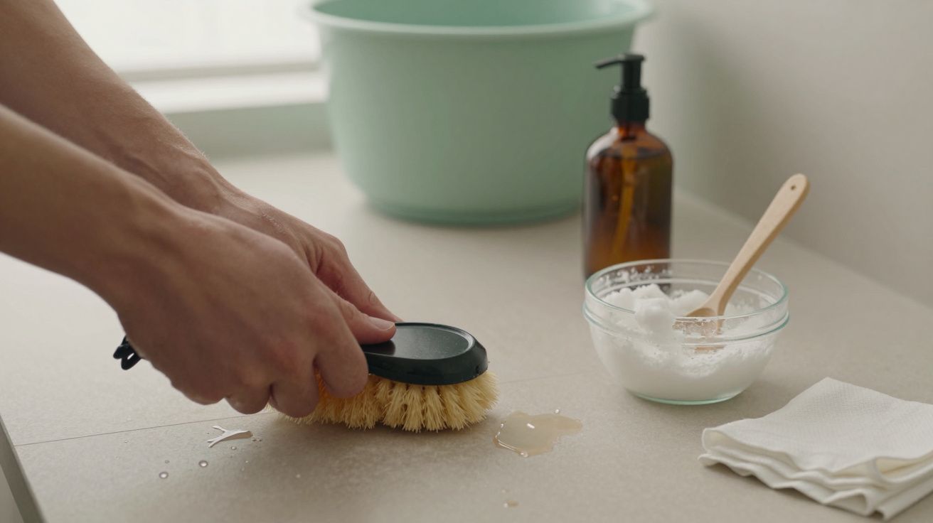 Mano limpiando una encimera con un cepillo, cerca de un bol con bicarbonato, un dispensador y un paño blanco.