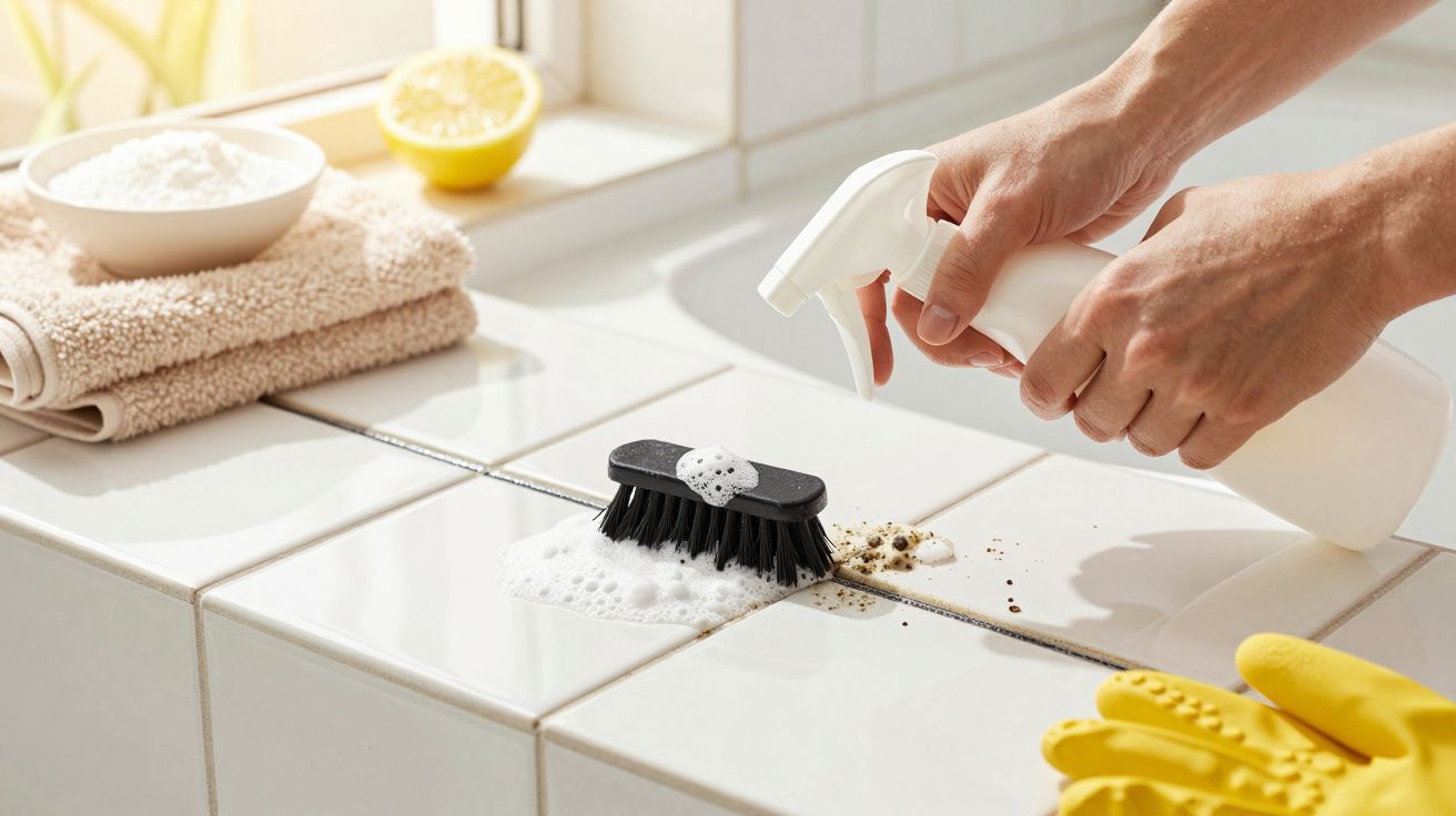 Manos limpiando las juntas de un baño con cepillo y producto en spray; toallas y guantes amarillos al fondo.