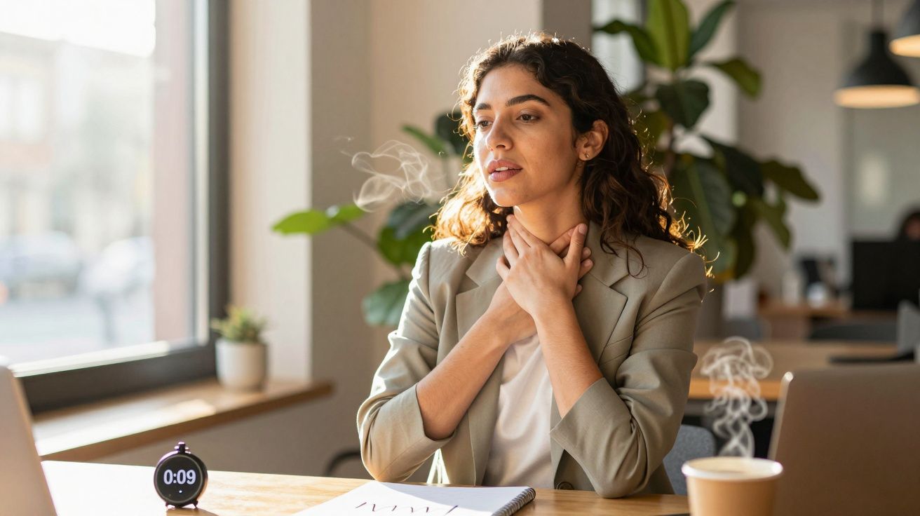 Mujer en oficina iluminada por el sol, tocándose el cuello con gesto pensativo, rodeada de plantas y una bebida caliente.