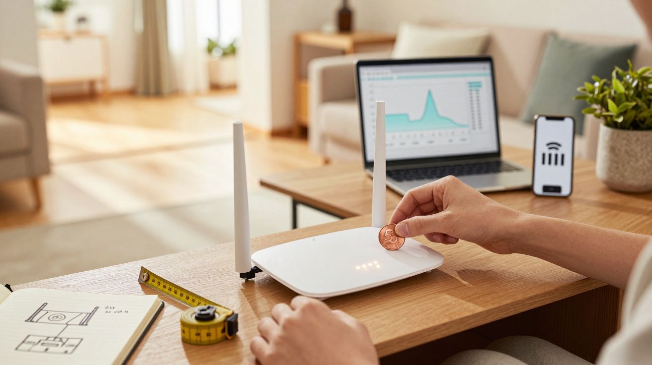 Persona colocando moneda en router, portátil con gráfico y móvil mostrando señal Wi-Fi en salón iluminado.