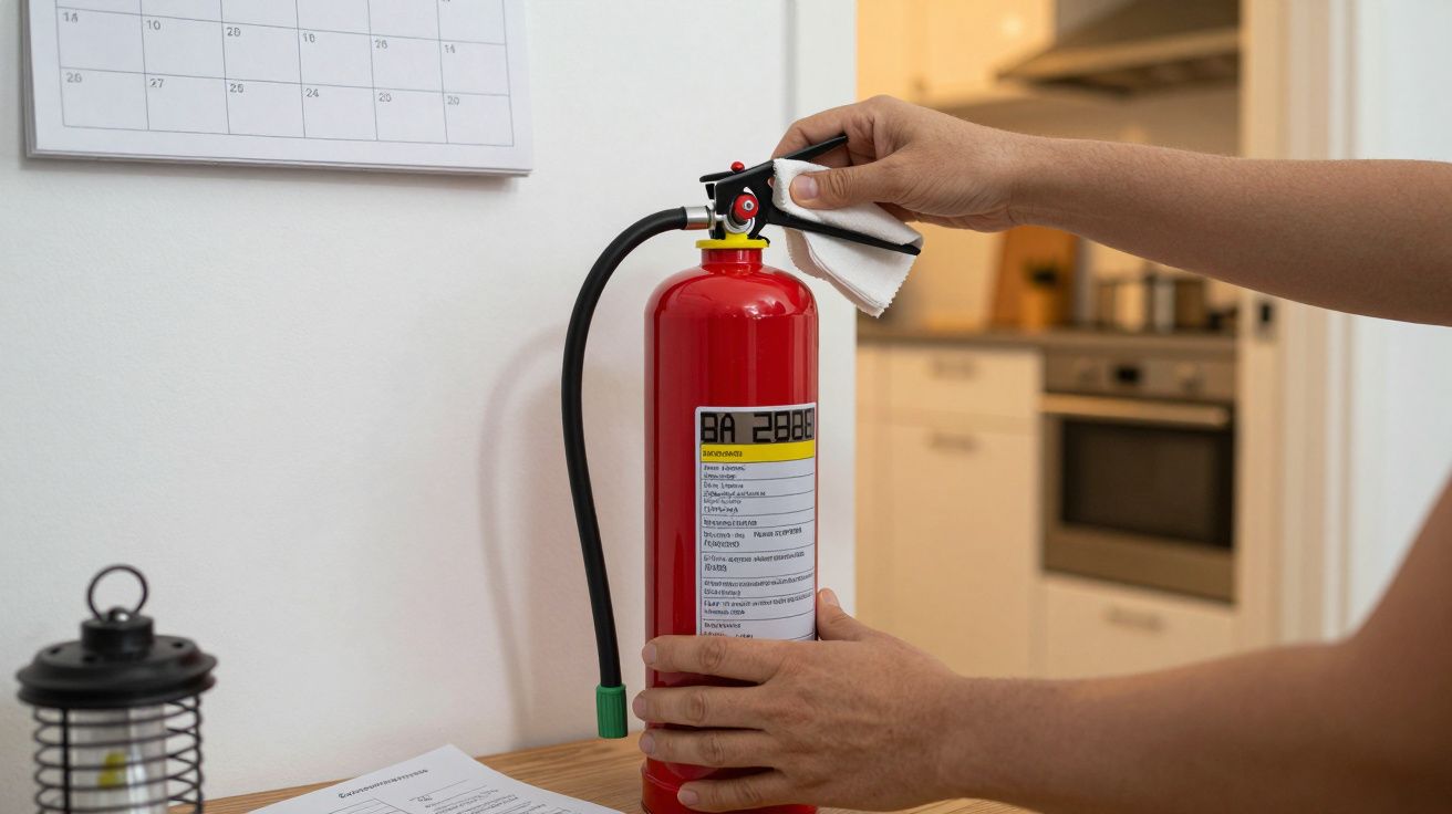 Persona limpiando un extintor rojo con un paño blanco en una cocina.