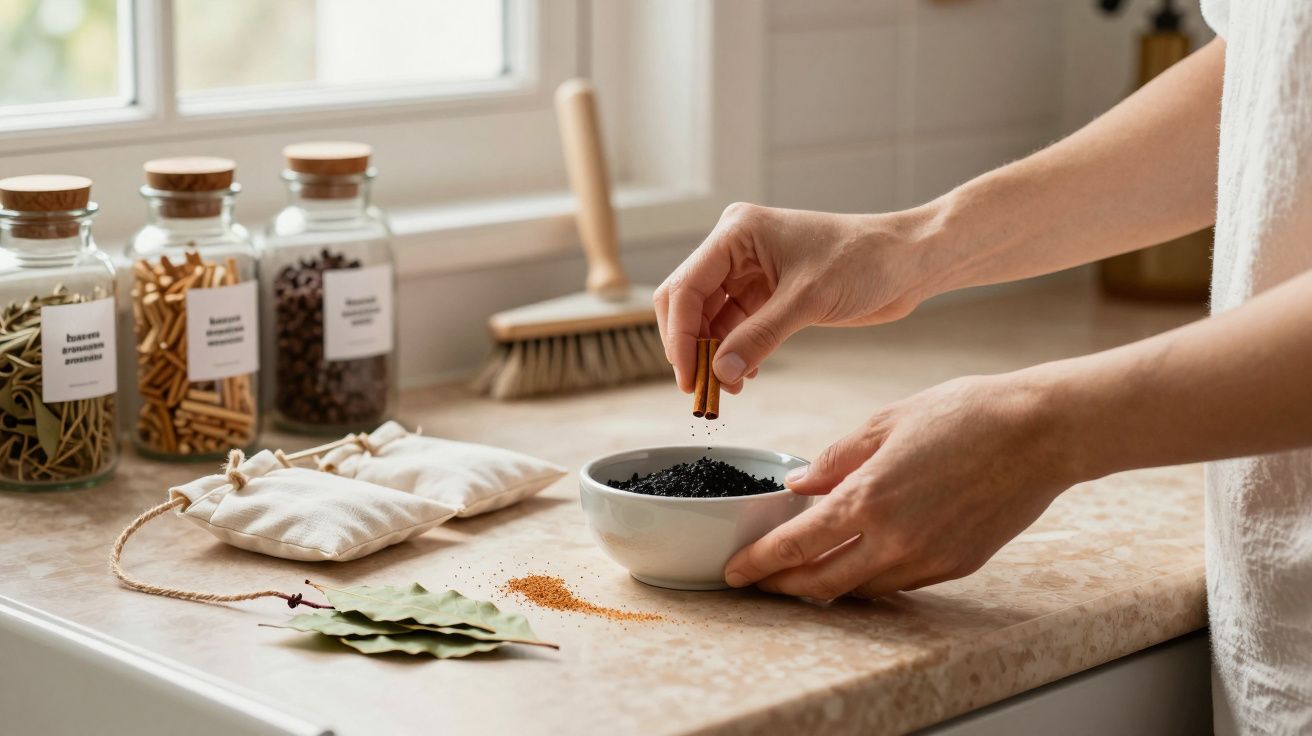 Manos agregando especias en un cuenco sobre una encimera de cocina, frascos de especias y cepillo de fondo.