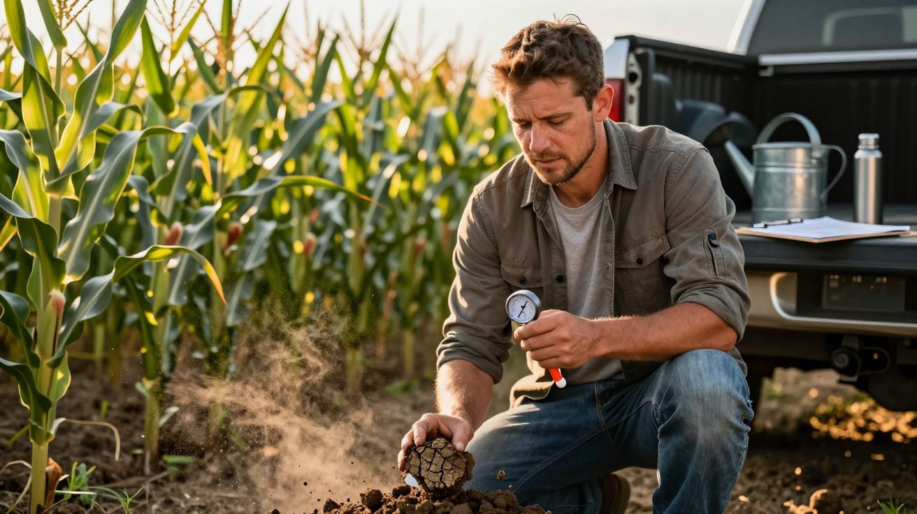Hombre en campo de maíz midiendo humedad del suelo con un dispositivo, junto a una camioneta.