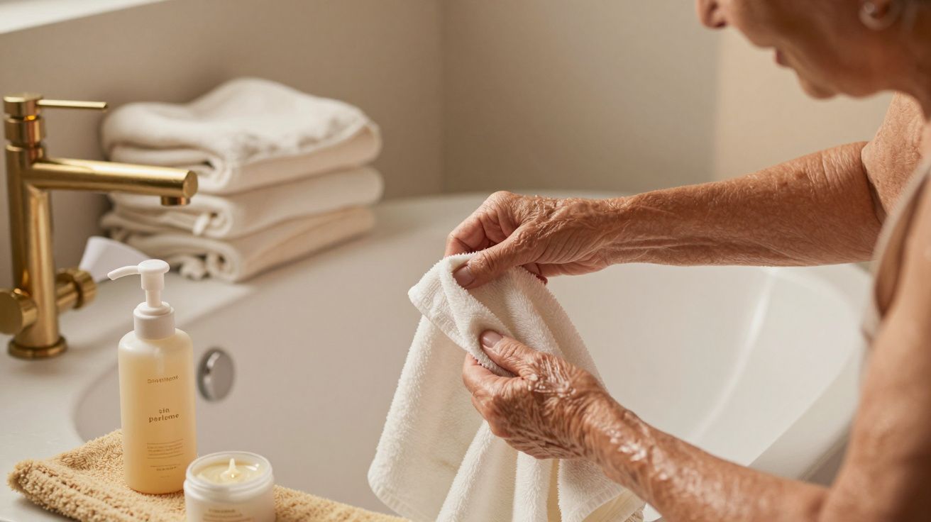 Persona mayor secando una toalla en el baño junto a productos de cuidado personal y lavabo de estilo moderno.