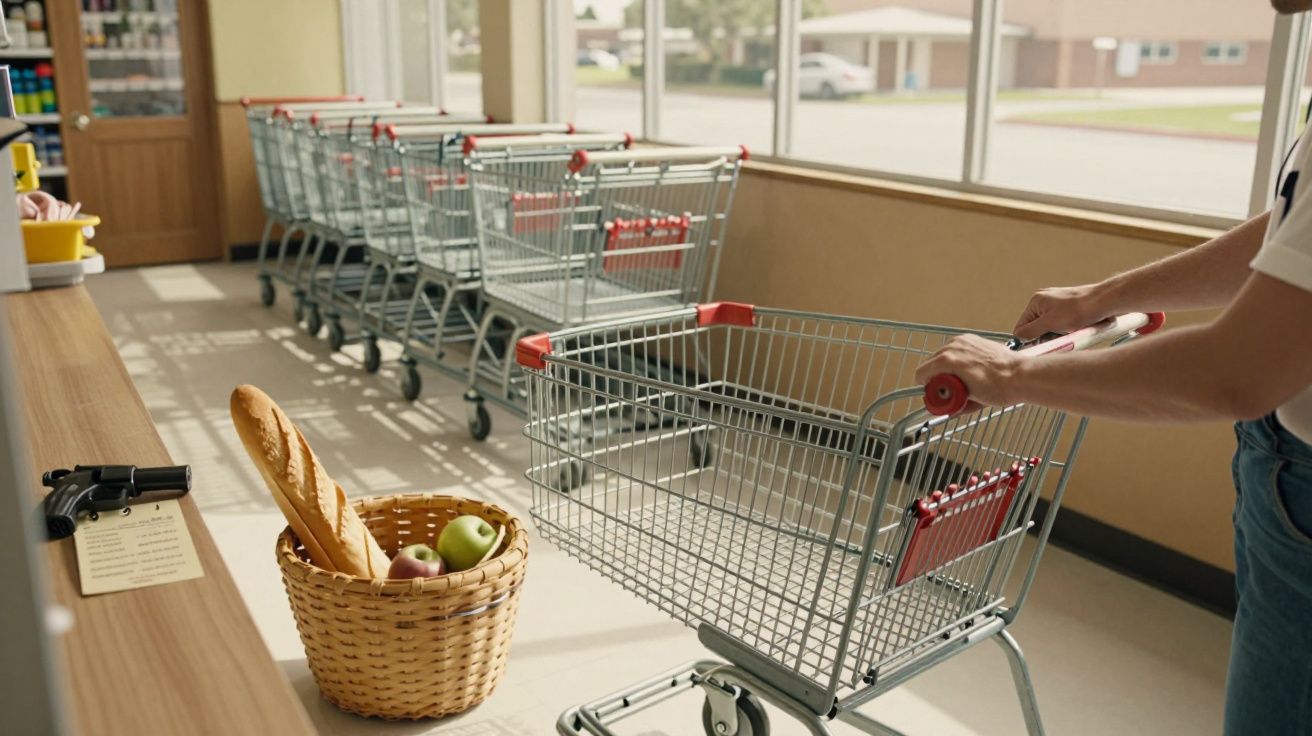 Persona empujando un carrito en un supermercado, junto a una cesta con pan y manzanas.