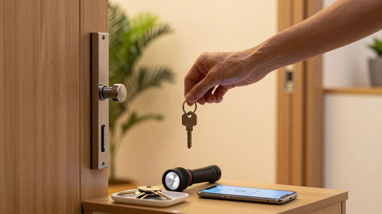 Mano sosteniendo una llave junto a puerta abierta, con linterna, móvil y plato de llaves sobre mesa de madera.
