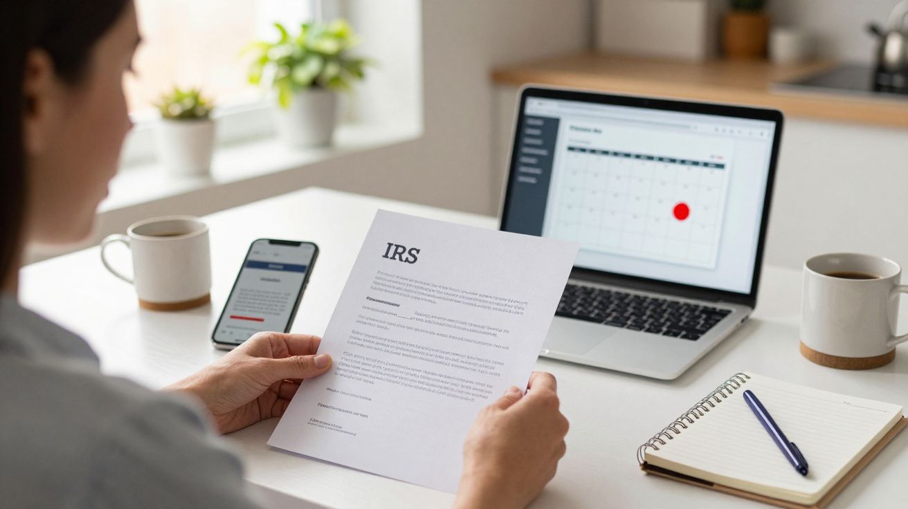 Persona leyendo una carta del IRS en una oficina, con un portátil mostrando un calendario y una libreta sobre la mesa.