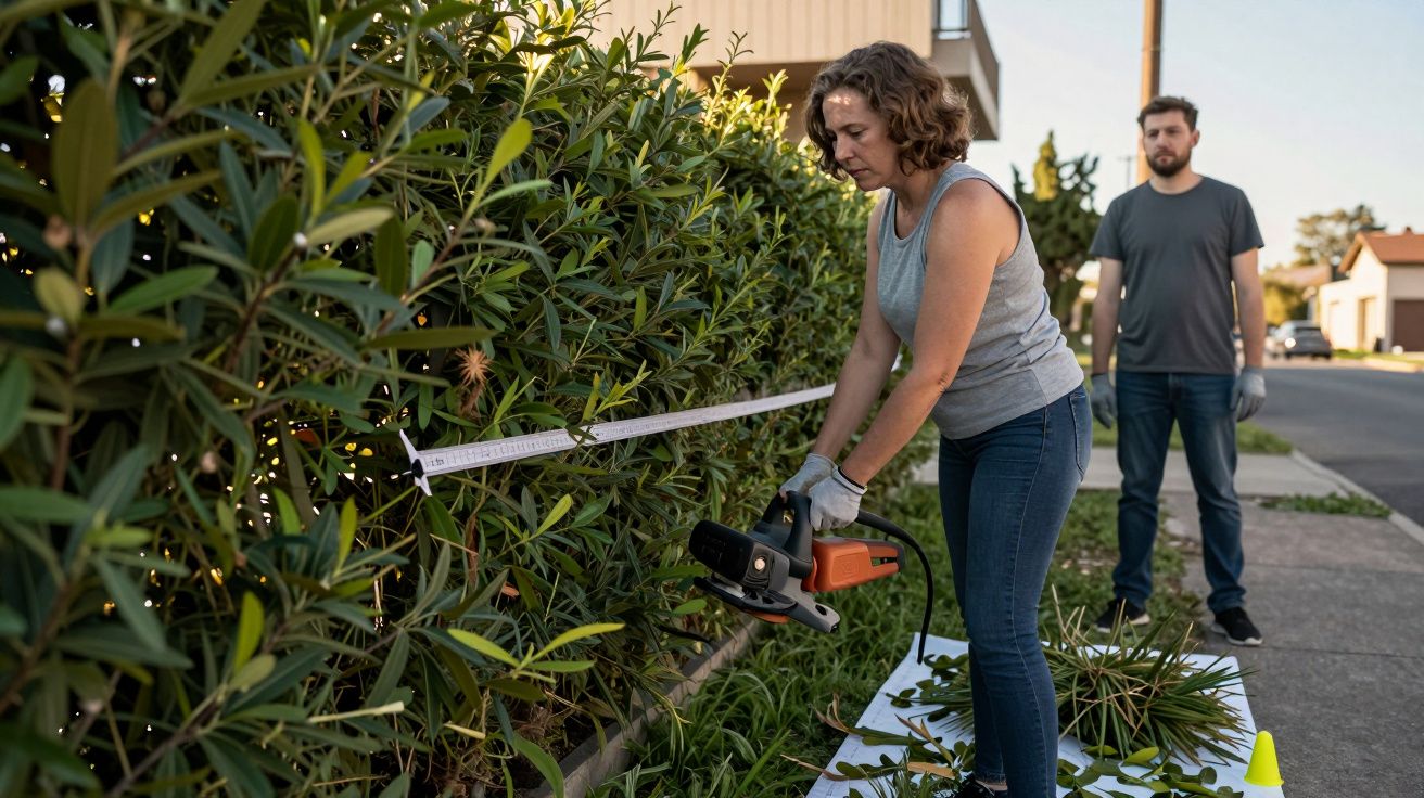 Mujer recortando seto con tijera eléctrica, mientras un hombre observa en la acera de una calle residencial.