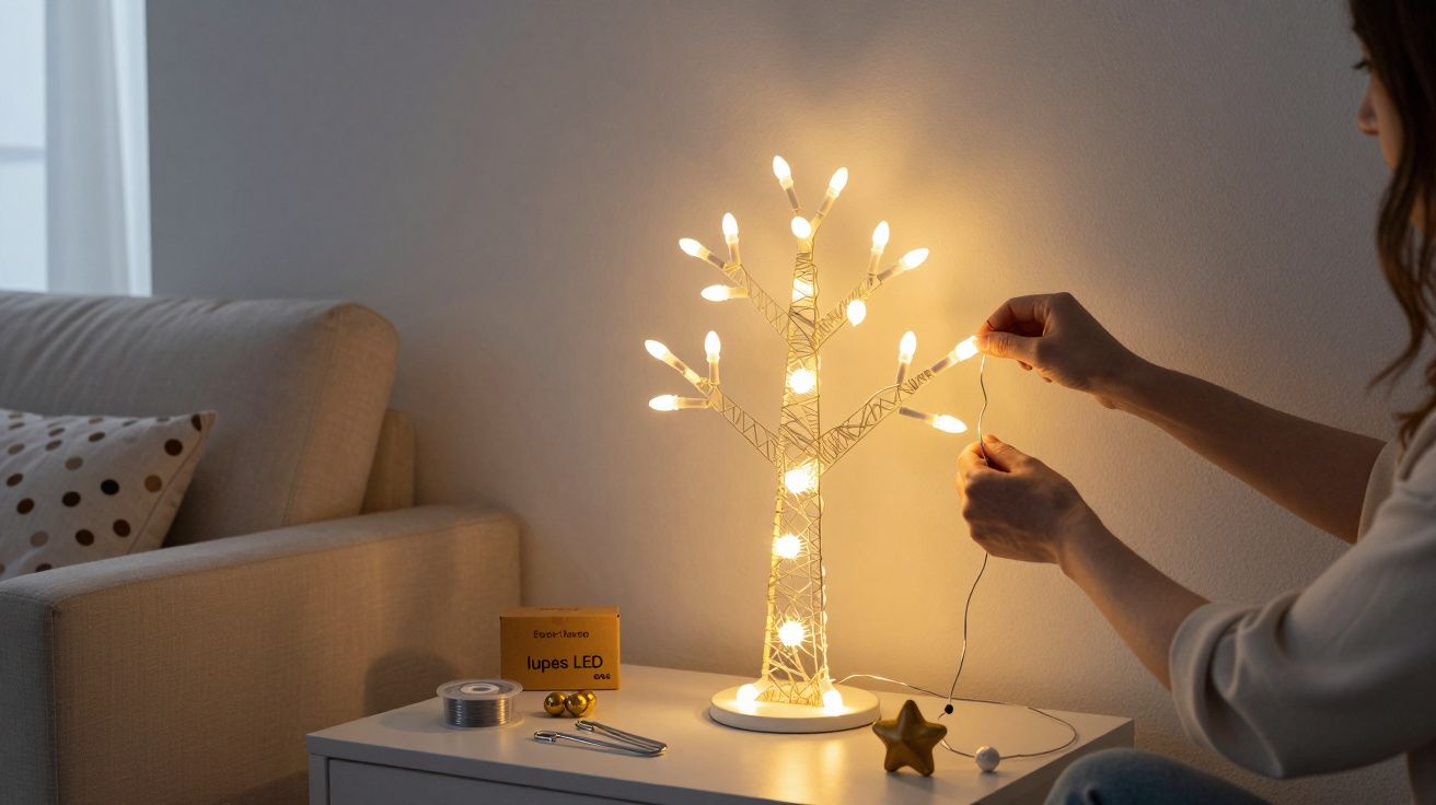 Mujer decorando árbol luminoso con luces LED en una mesita blanca, al lado de un sofá con cojín de lunares.