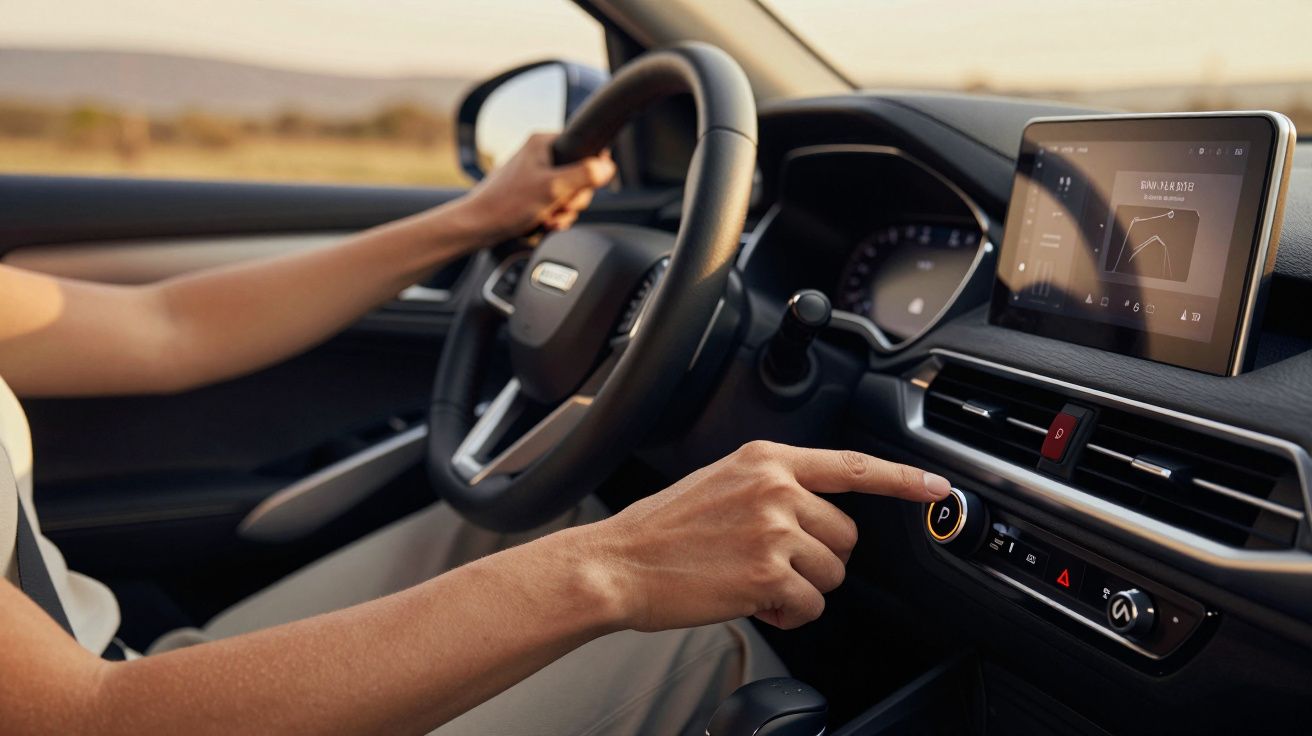 Persona conduciendo un coche, interactuando con el sistema de infoentretenimiento en una pantalla táctil.