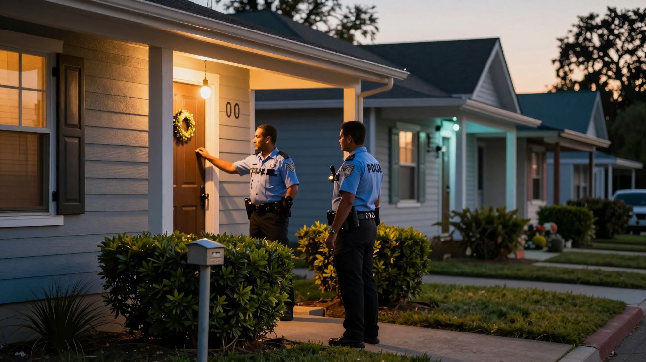 Dos policías en uniforme llaman a la puerta de una casa al atardecer en un barrio residencial.