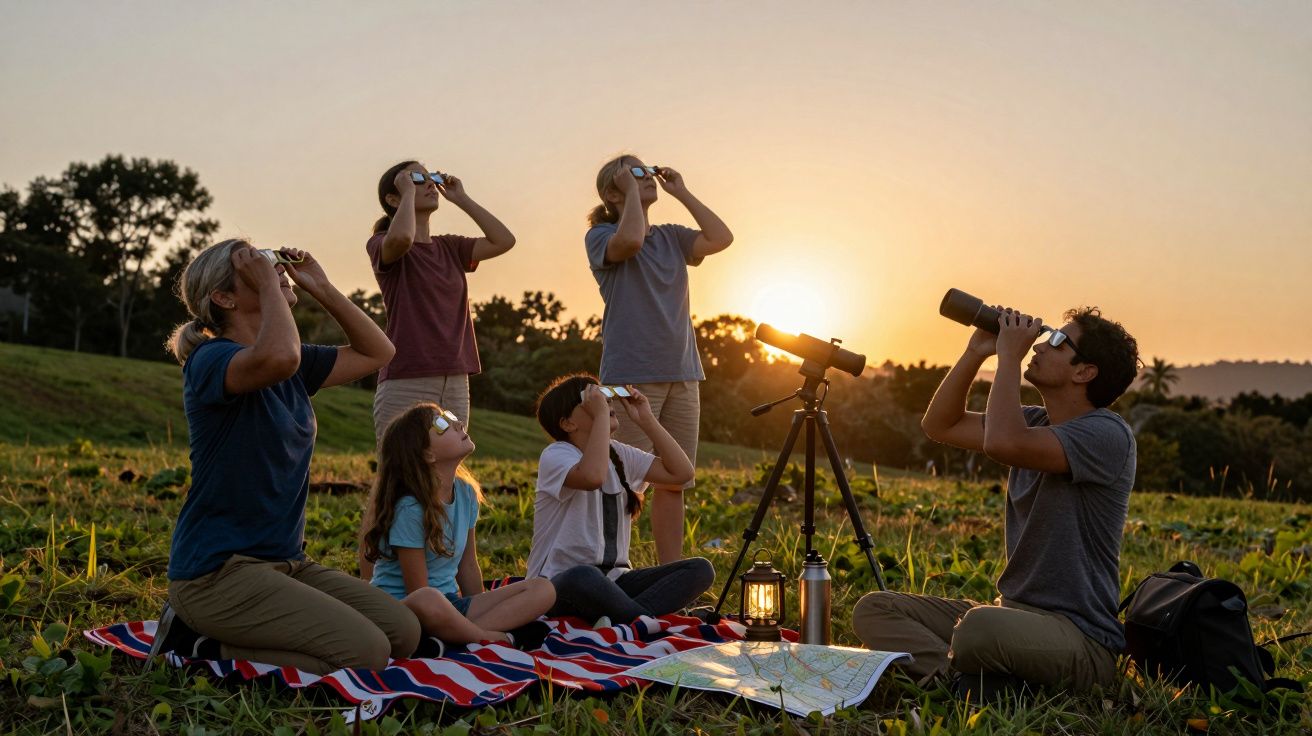 Grupo de personas observando el cielo con binoculares al atardecer en un campo, con una manta y un telescopio.