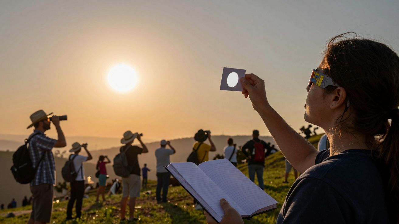 Personas observando el atardecer con gafas de eclipse y filtros solares, mientras toman notas en una colina.