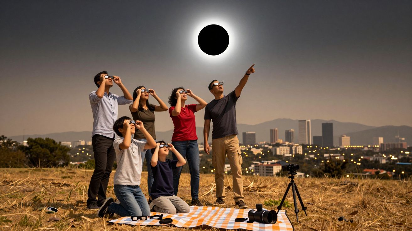 Grupo de personas observando un eclipse solar con gafas especiales, en un campo con una ciudad al fondo.