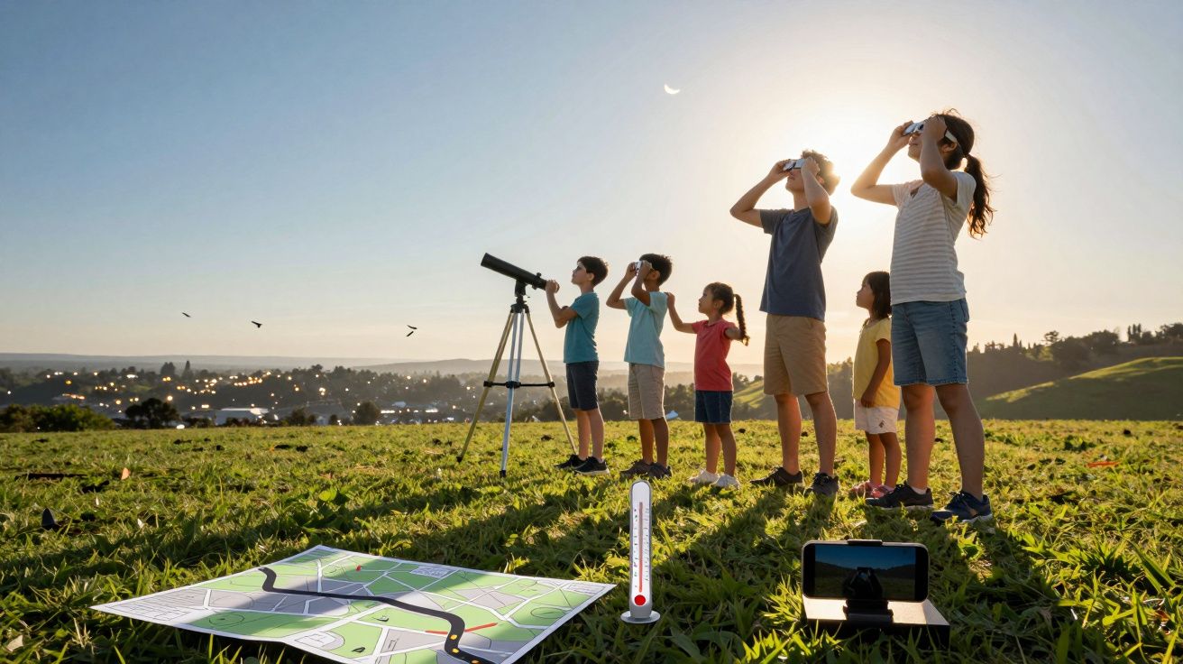 Grupo de personas observando el cielo con prismáticos y telescopio en un prado al atardecer, con mapa y móvil en el suelo.