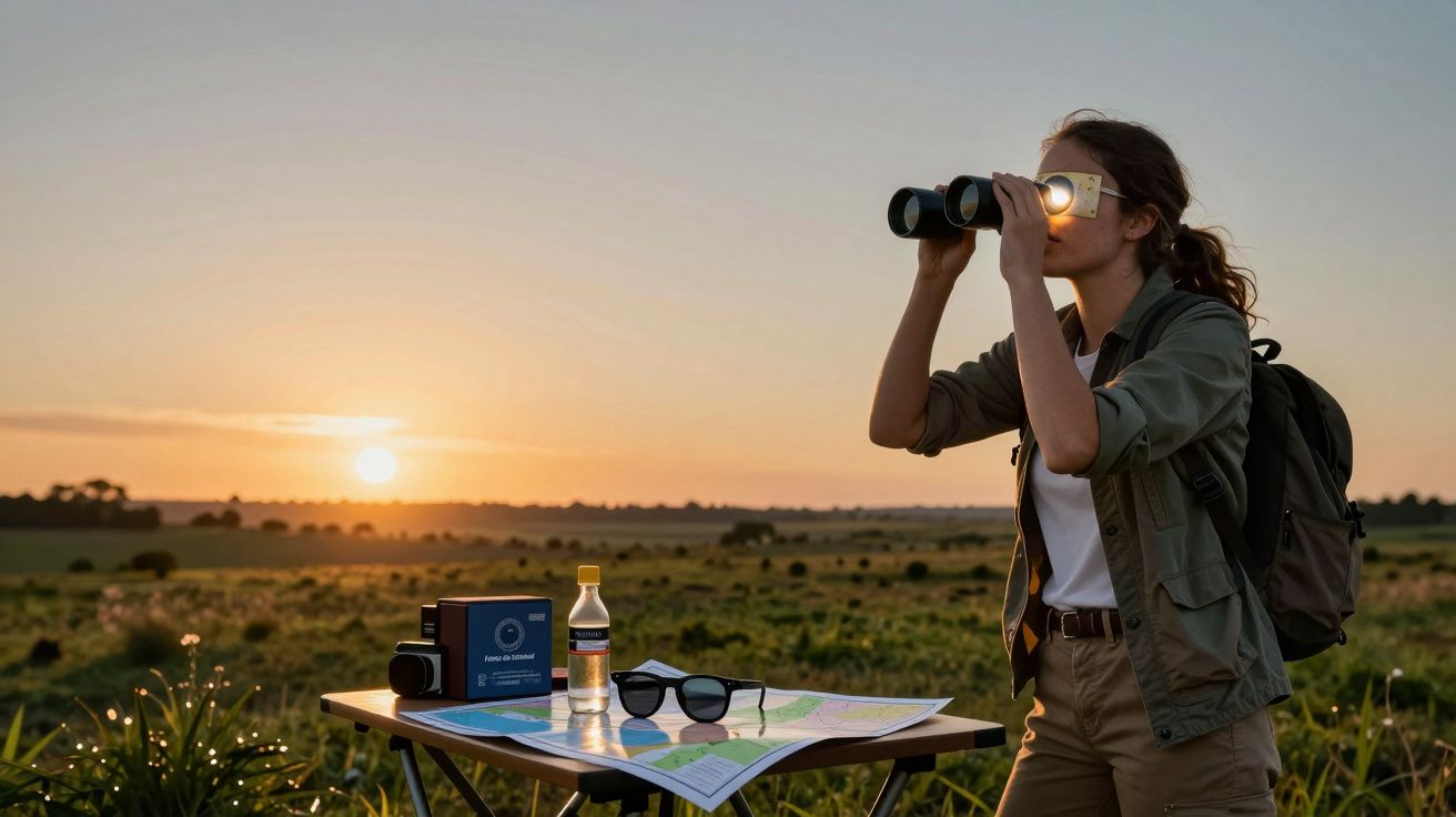 Mujer observando con binoculares al atardecer, junto a mesa con mapa, agua y cámaras. Campo al fondo.