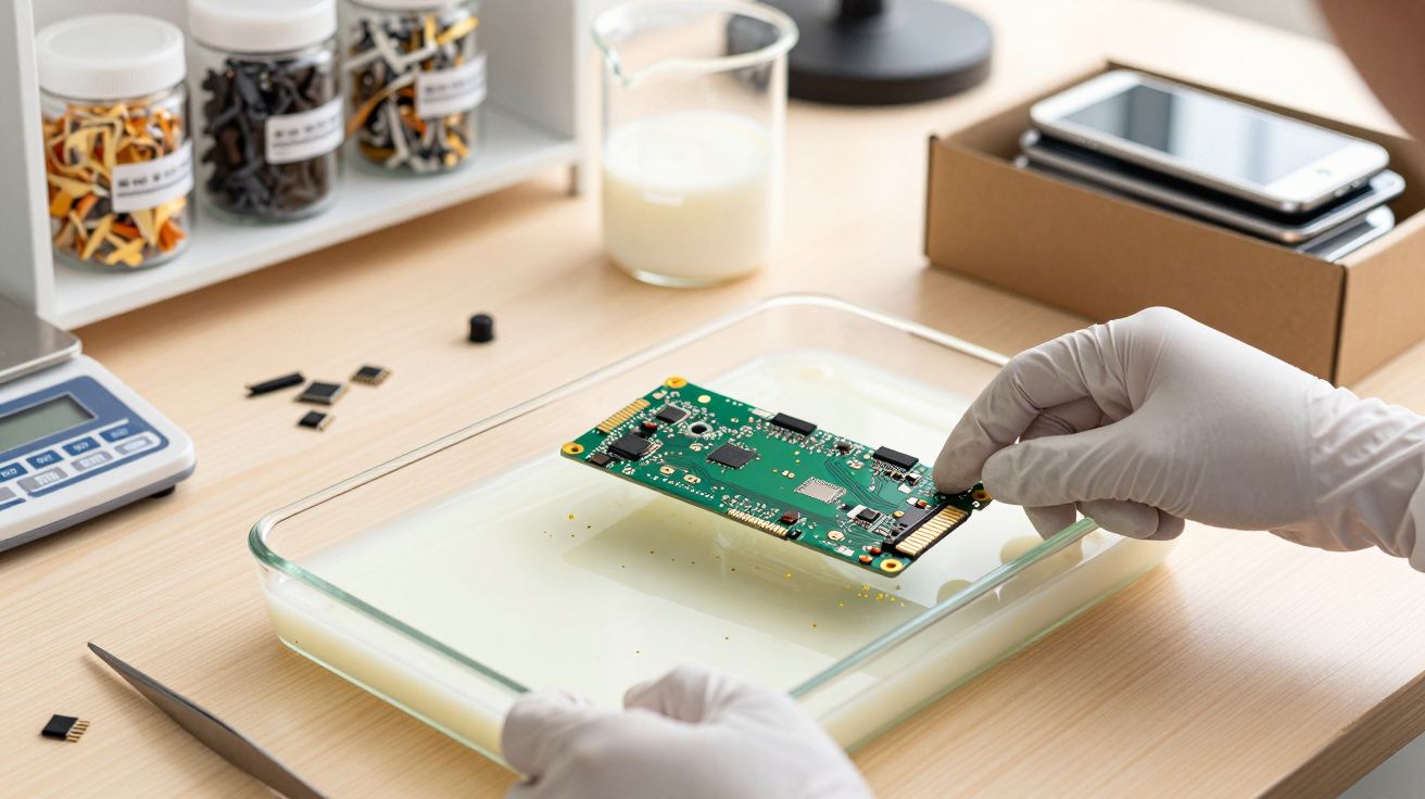 Manos con guantes sostienen una placa de circuito en un recipiente de líquido, rodeado de componentes electrónicos en una mes