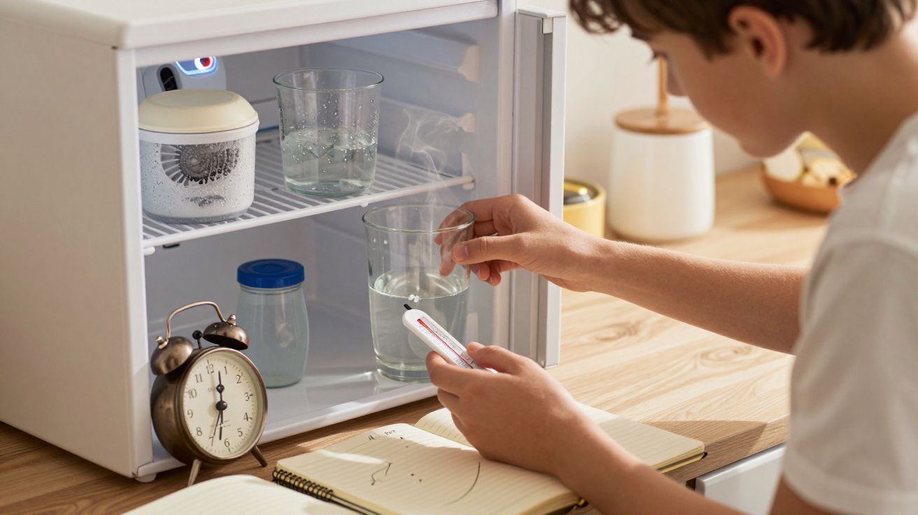 Persona midiendo temperatura del agua en un vaso dentro de una mini nevera, junto a un despertador y un cuaderno.