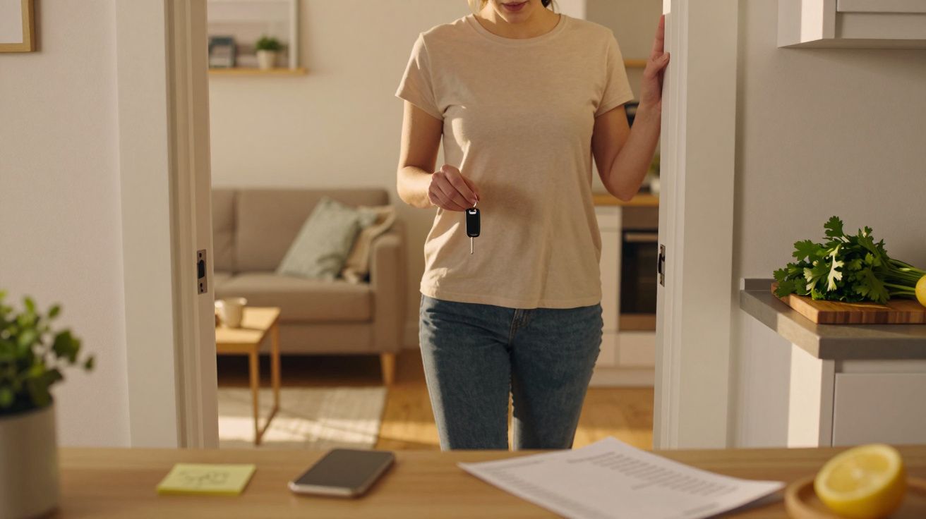 Mujer sosteniendo llaves en cocina luminosa, con sofá y mesa de trabajo al fondo, y móvil y papeles en la encimera.