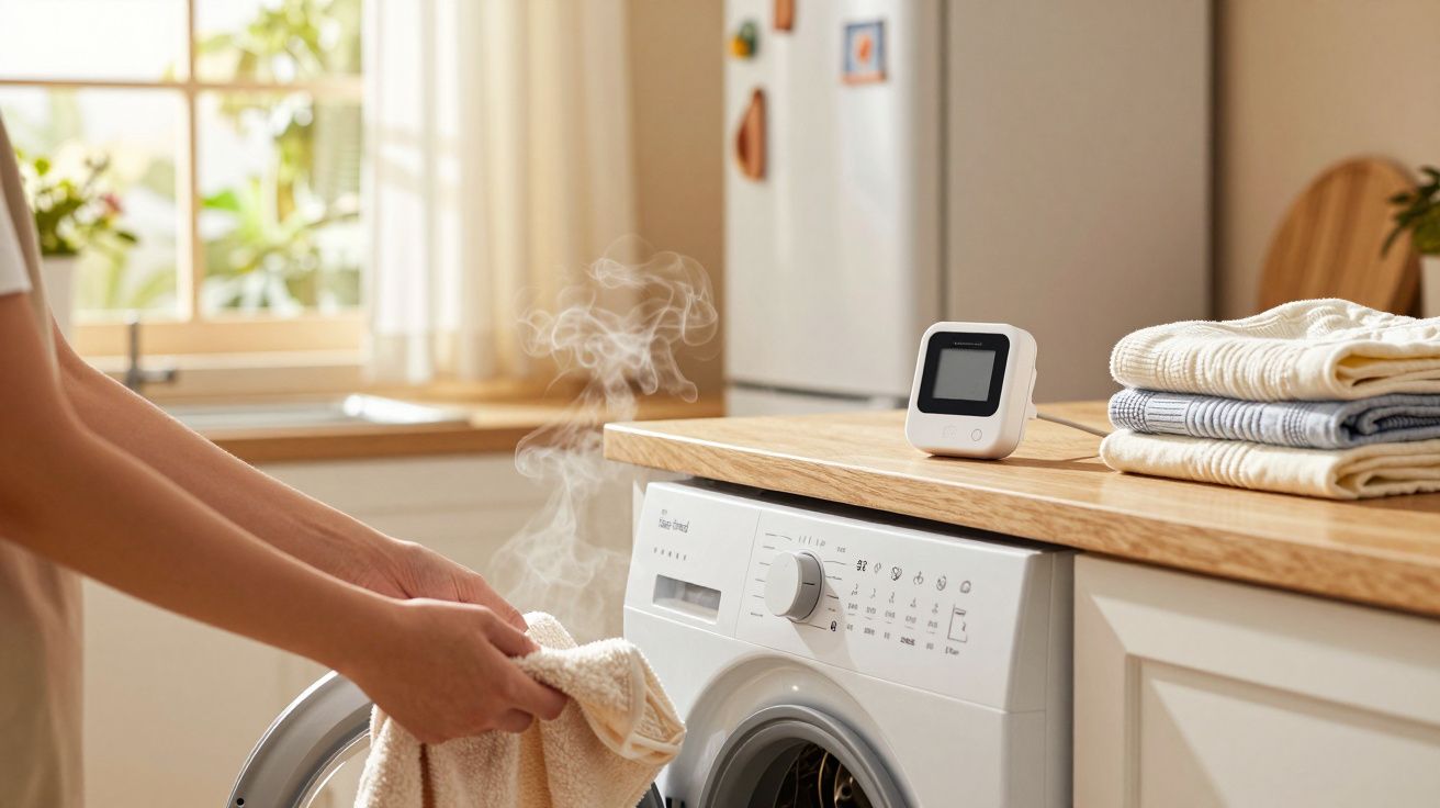 Persona sacando una toalla de una lavadora con vapor. Encima hay toallas dobladas y un dispositivo pequeño.