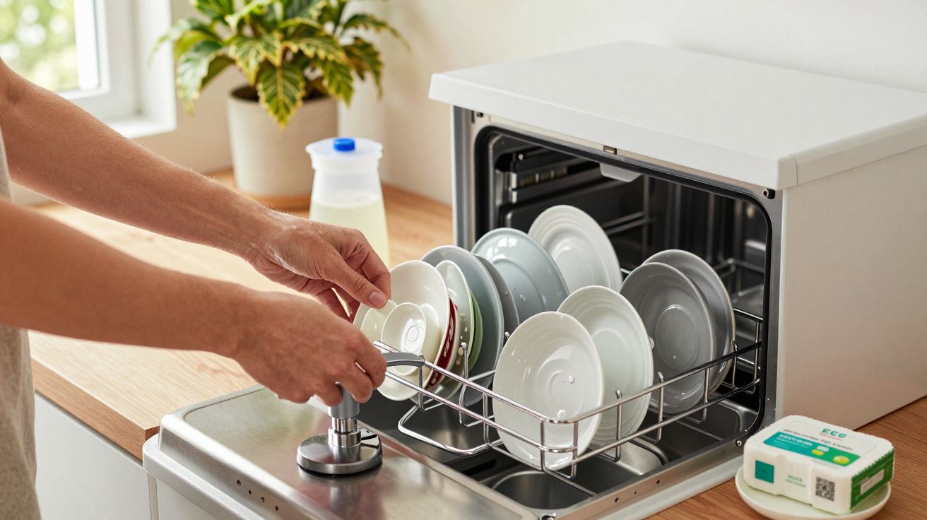 Persona cargando platos en un lavavajillas pequeño sobre una encimera de cocina con planta y productos de limpieza cerca.