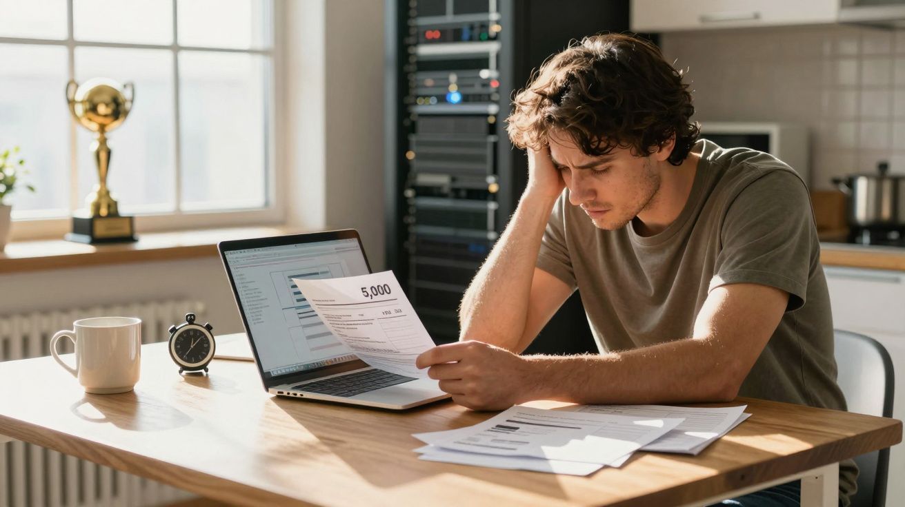 Hombre preocupado revisando facturas y documentos en una mesa, junto a un ordenador portátil y un reloj.