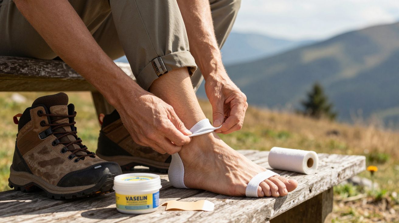 Persona aplicando vendaje en el pie, con botas de senderismo y vaselina sobre un banco de madera en montaña.