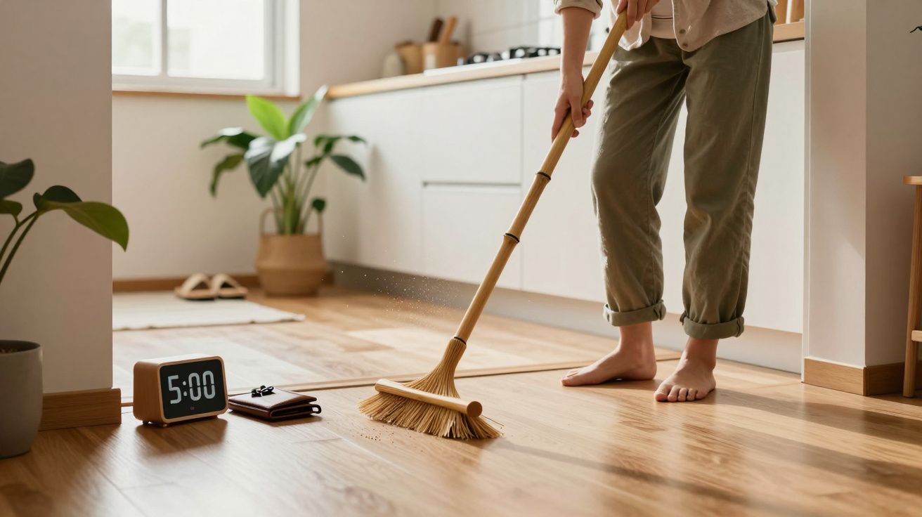 Persona barriendo el suelo de una cocina moderna, con reloj mostrando las 5:00 y plantas decorando el espacio.