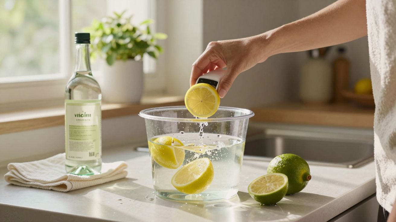 Mano exprimiendo limón en cuenco de agua en cocina, junto a botella de vinagre y limones.