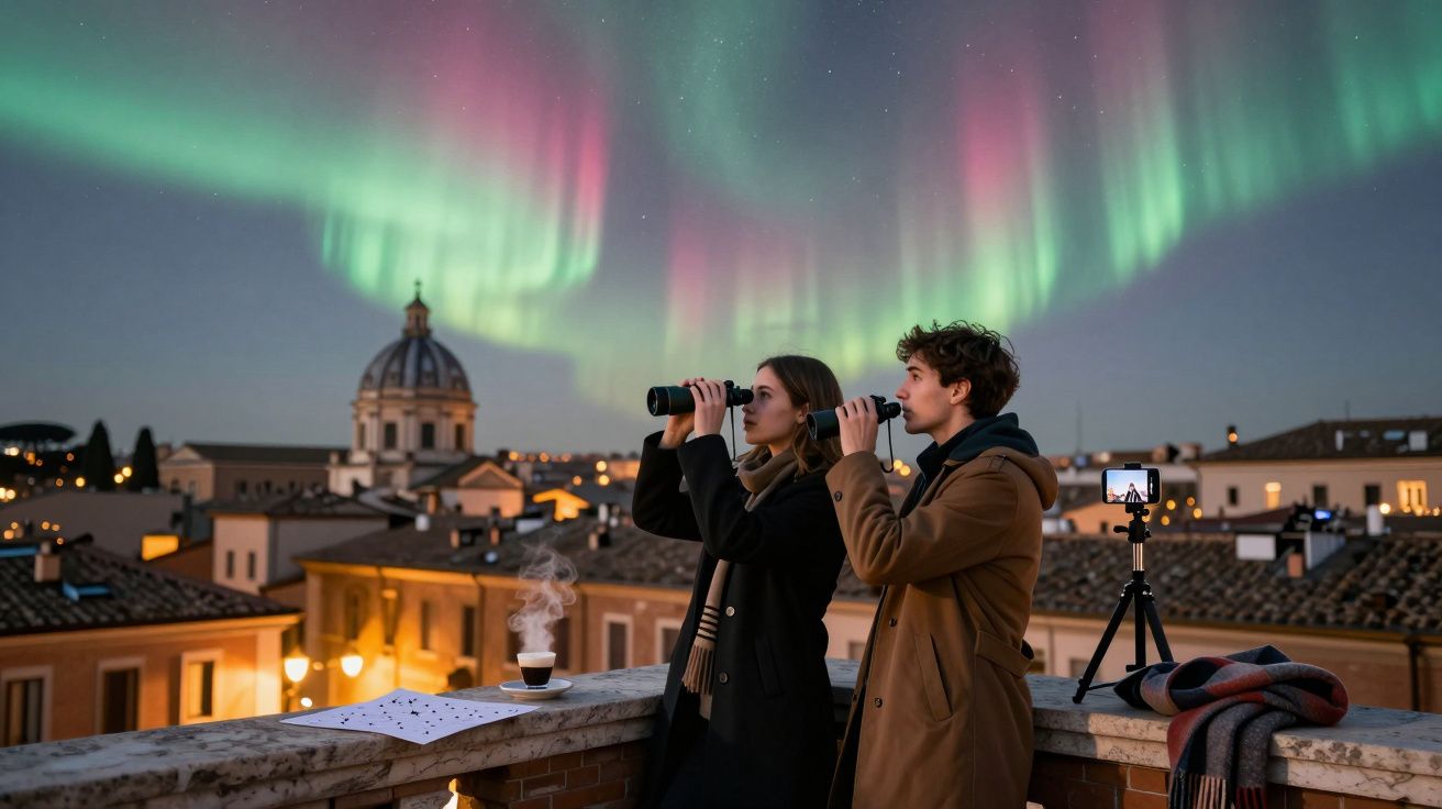 Dos personas observan auroras boreales desde una azotea con prismáticos, una taza de café y trípode al fondo.