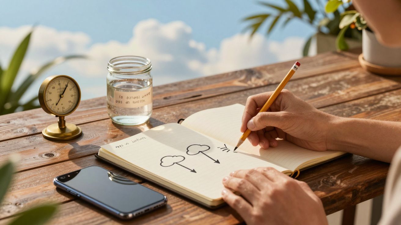 Manos dibujando árboles en un cuaderno sobre mesa de madera, junto a reloj, jarra de agua y móvil.