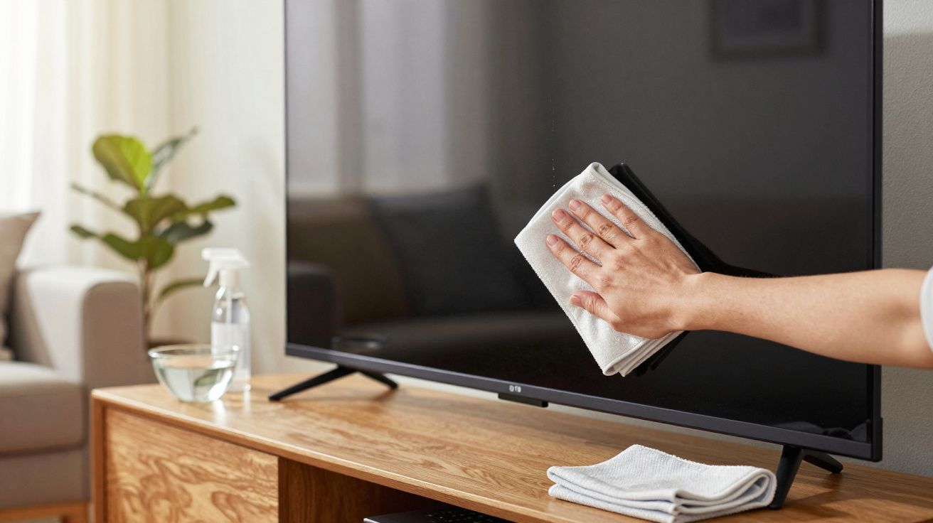 Mano limpiando pantalla de televisor en una sala con un paño, junto a una mesa de madera y una planta.