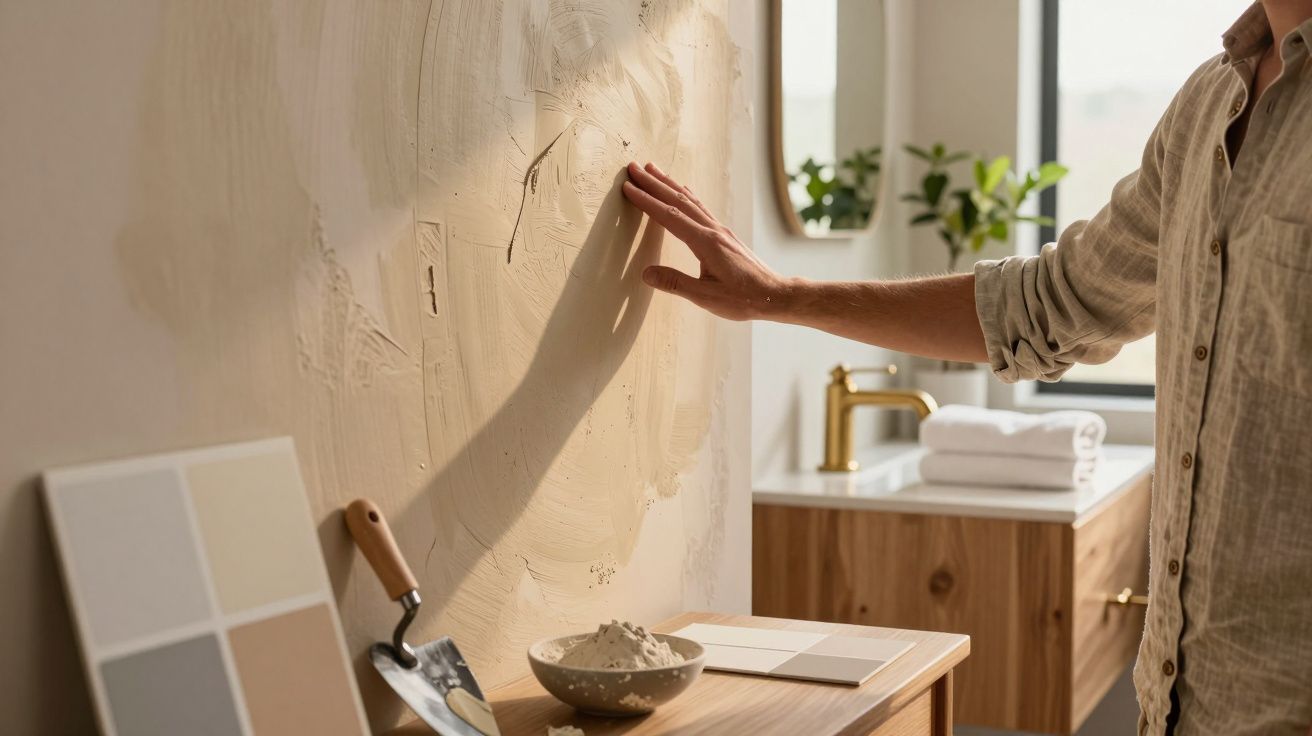 Persona alisando masilla en la pared de un baño iluminado, con herramientas y muestras de color en primer plano.