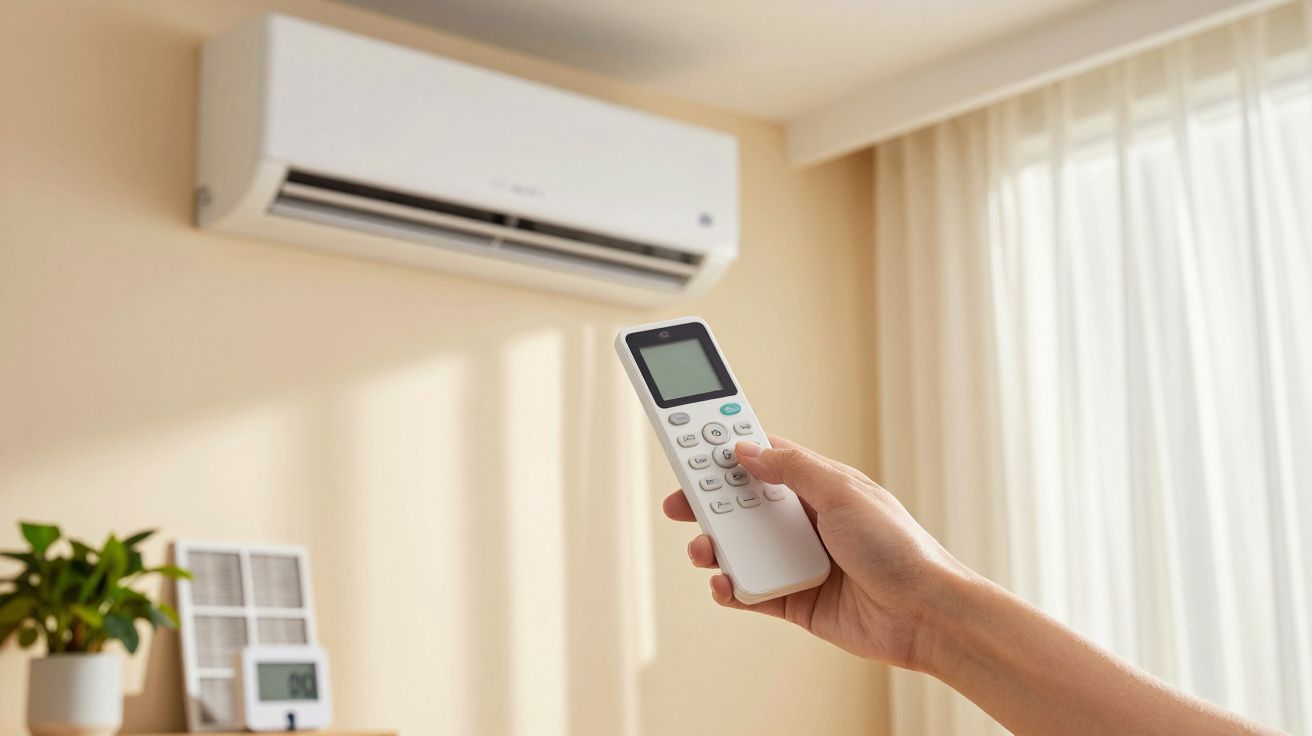 Mano sosteniendo un mando a distancia frente a un aire acondicionado en una sala bien iluminada.