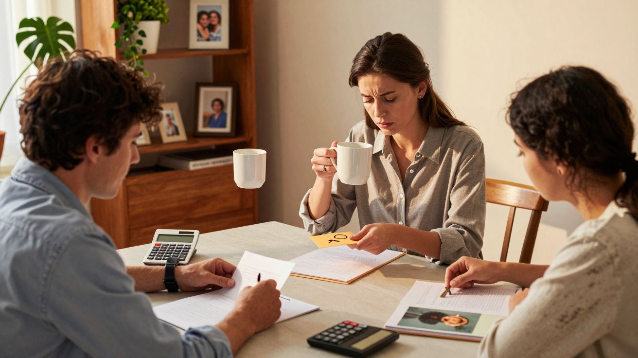Tres personas revisan documentos en una mesa, con calculadoras y tazas de café. Una mujer sostiene una taza pensativa.