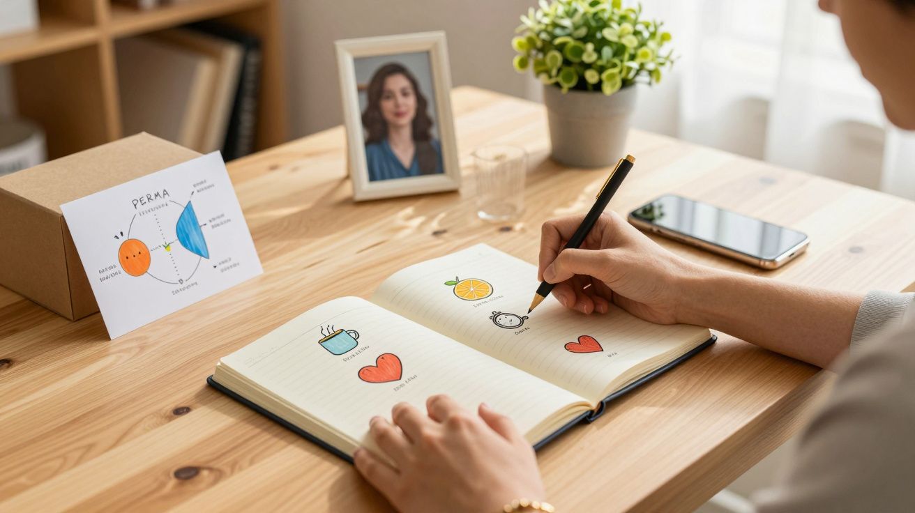Persona dibujando en un cuaderno sobre una mesa, con móvil, planta y foto en un marco al fondo.