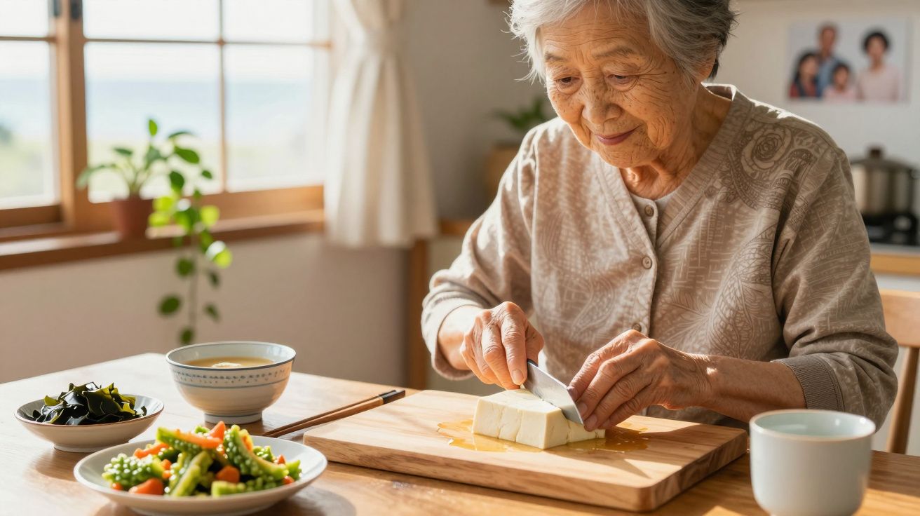 Mujer mayor en una cocina cortando tofu sobre una tabla de madera, con platos de verduras y sopa en la mesa.
