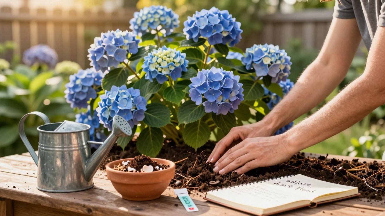 Manos plantando hortensias azules en un jardín, con una regadera metálica y un cuaderno abierto sobre una mesa de madera.