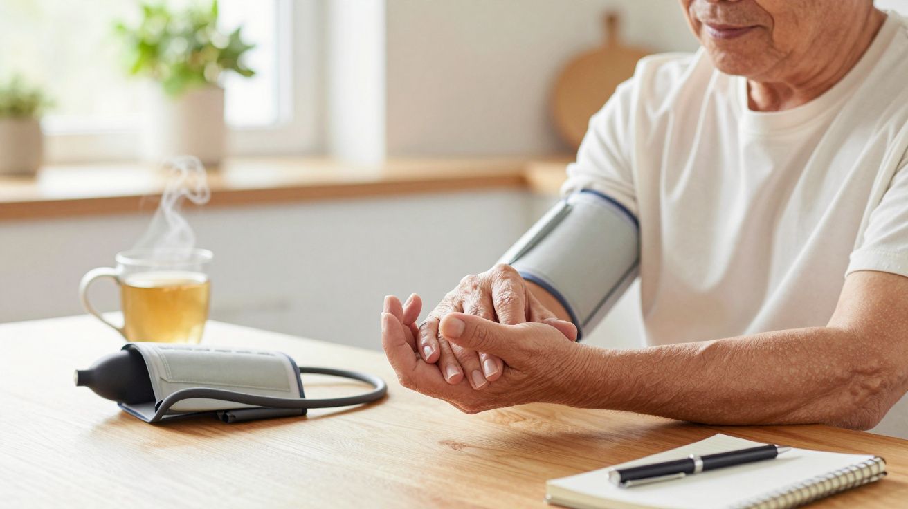 Persona mayor midiendo su presión arterial en casa, con una taza de té en la mesa junto a un cuaderno y bolígrafo.