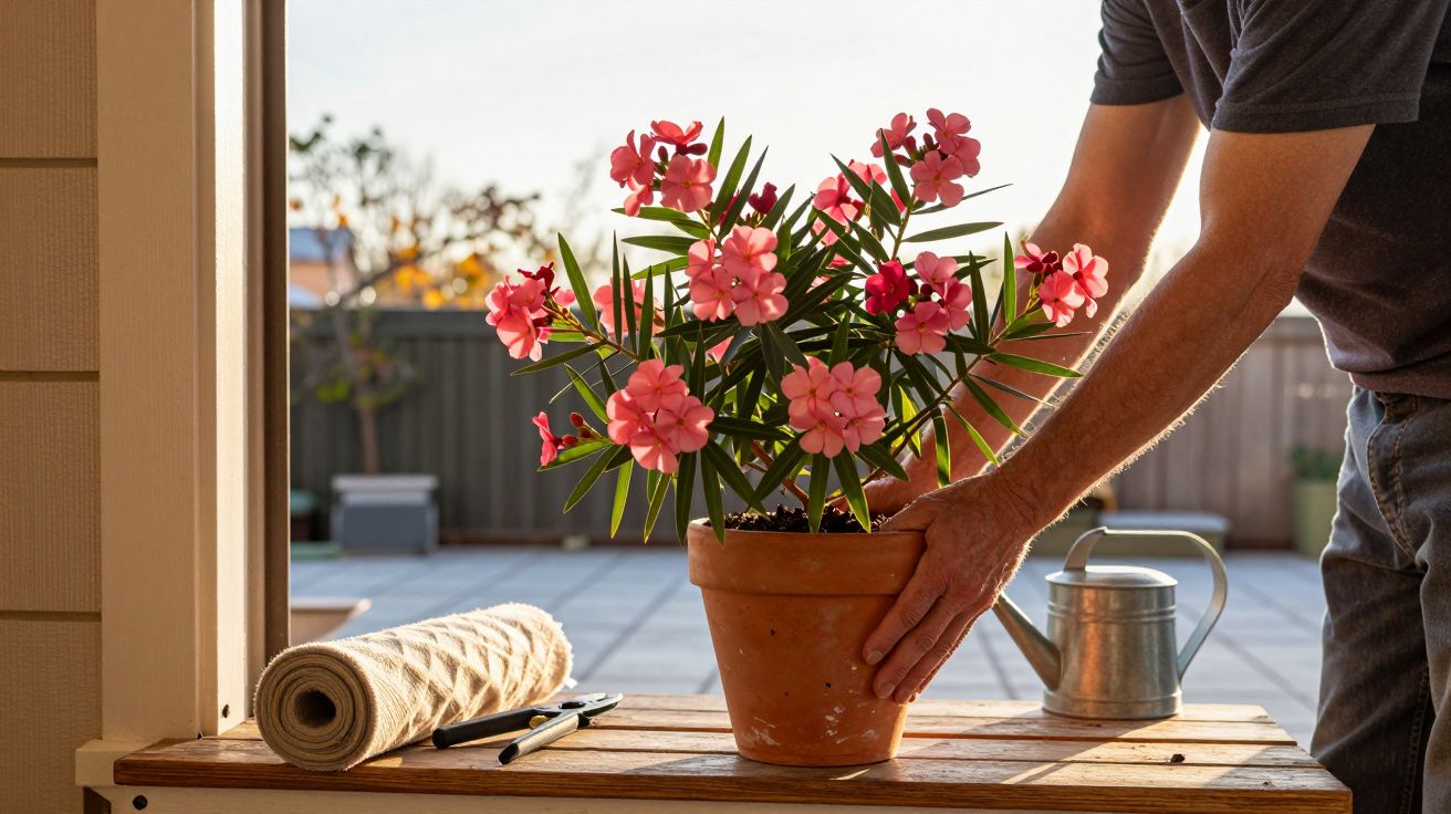 Persona colocando maceta con flores rosas sobre una mesa al aire libre, junto a una regadera y herramientas de jardinería.