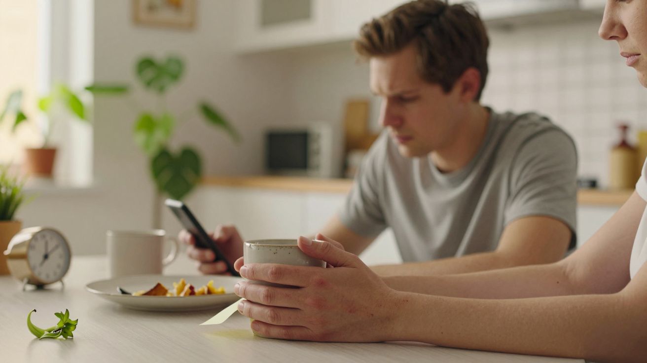 Hombre mirando el móvil mientras toma café, sentado en una cocina luminosa con desayuno en la mesa.