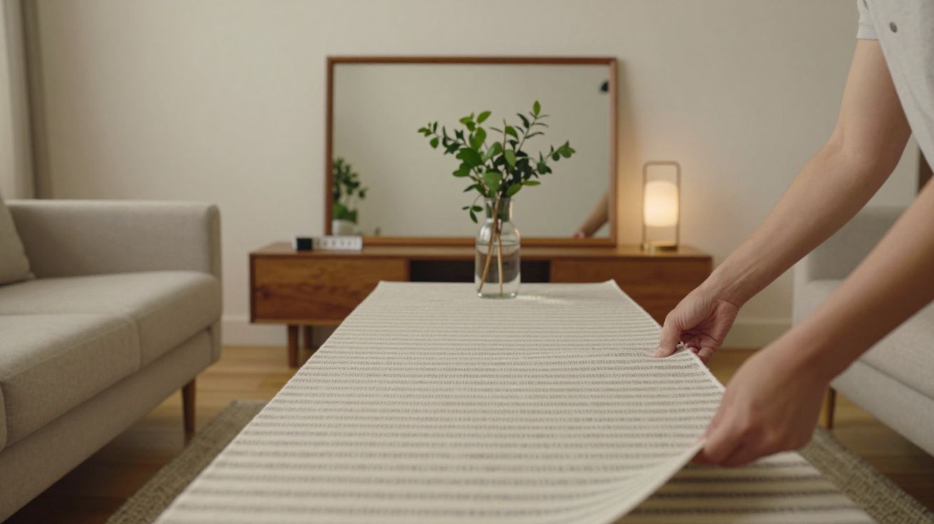 Manos colocando mantel en mesa de comedor, con decoración de planta en jarrón y lámpara al fondo en sala de estar moderna.