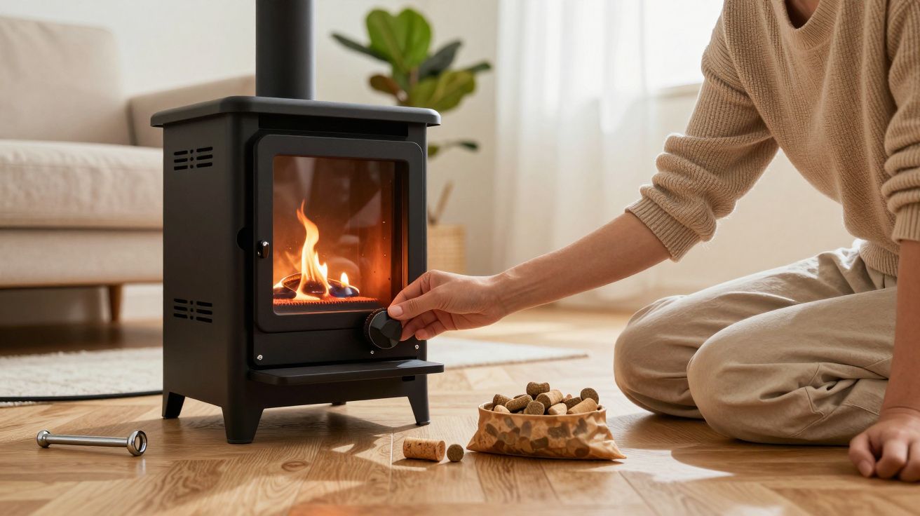 Persona ajustando una estufa de leña en un salón acogedor, con bolsa de pellets en el suelo.