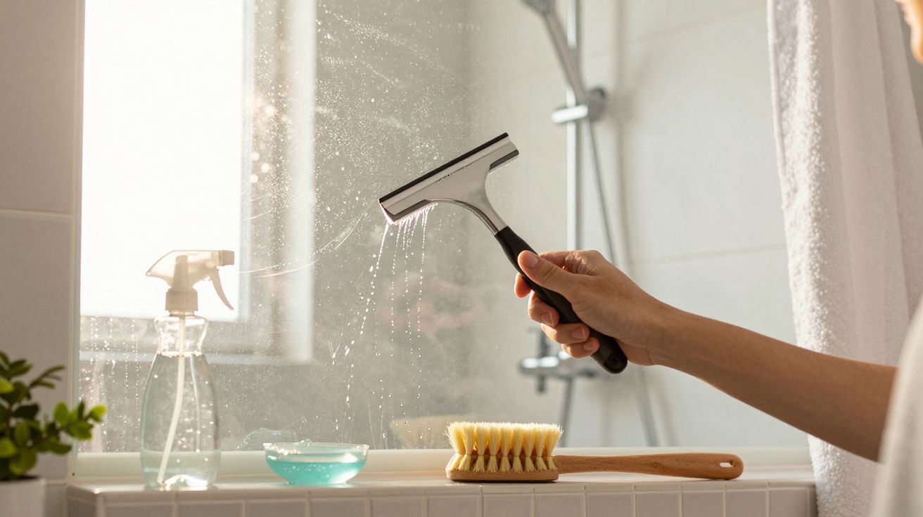 Mano limpiando una mampara de ducha con un limpiacristales; botellas y cepillos en la repisa.