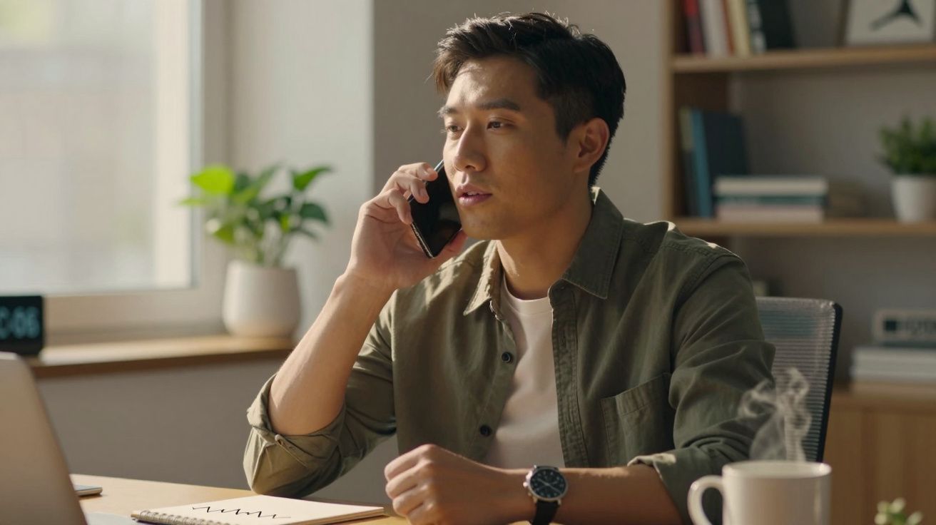 Hombre hablando por teléfono en una oficina con escritorio, taza humeante, portátil y planta cerca de la ventana.