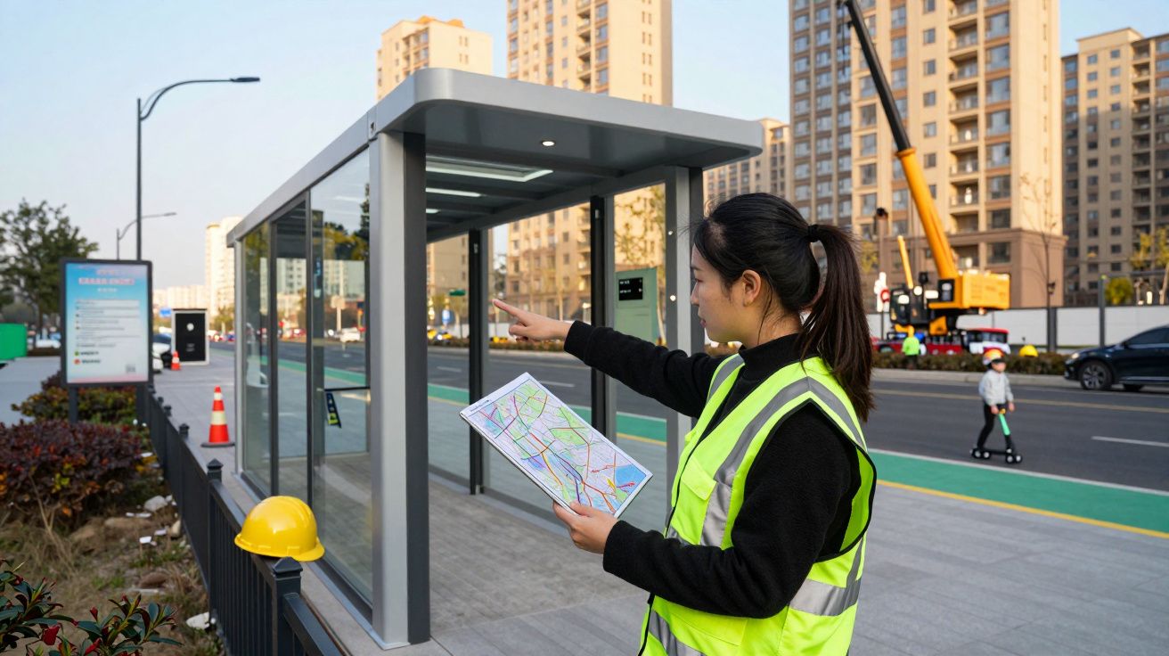 Mujer con chaleco reflectante señalando en una parada de autobús, sosteniendo un mapa en una avenida con edificios al fondo.