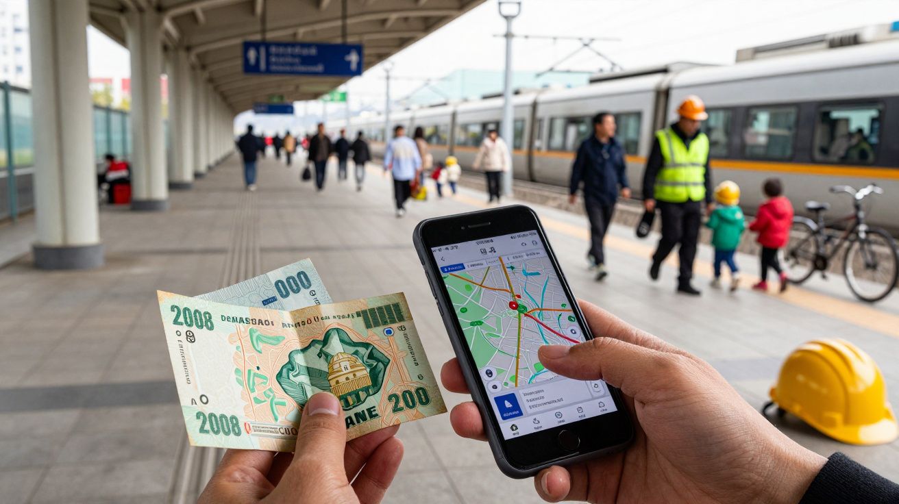 Manos sostienen un móvil con mapa y billetes en una estación de tren con personas y tren en el fondo.