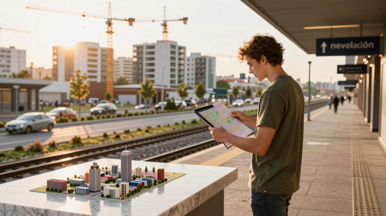 Hombre joven en estación de tren mirando una tablet, con maqueta de ciudad y rascacielos al fondo al atardecer.