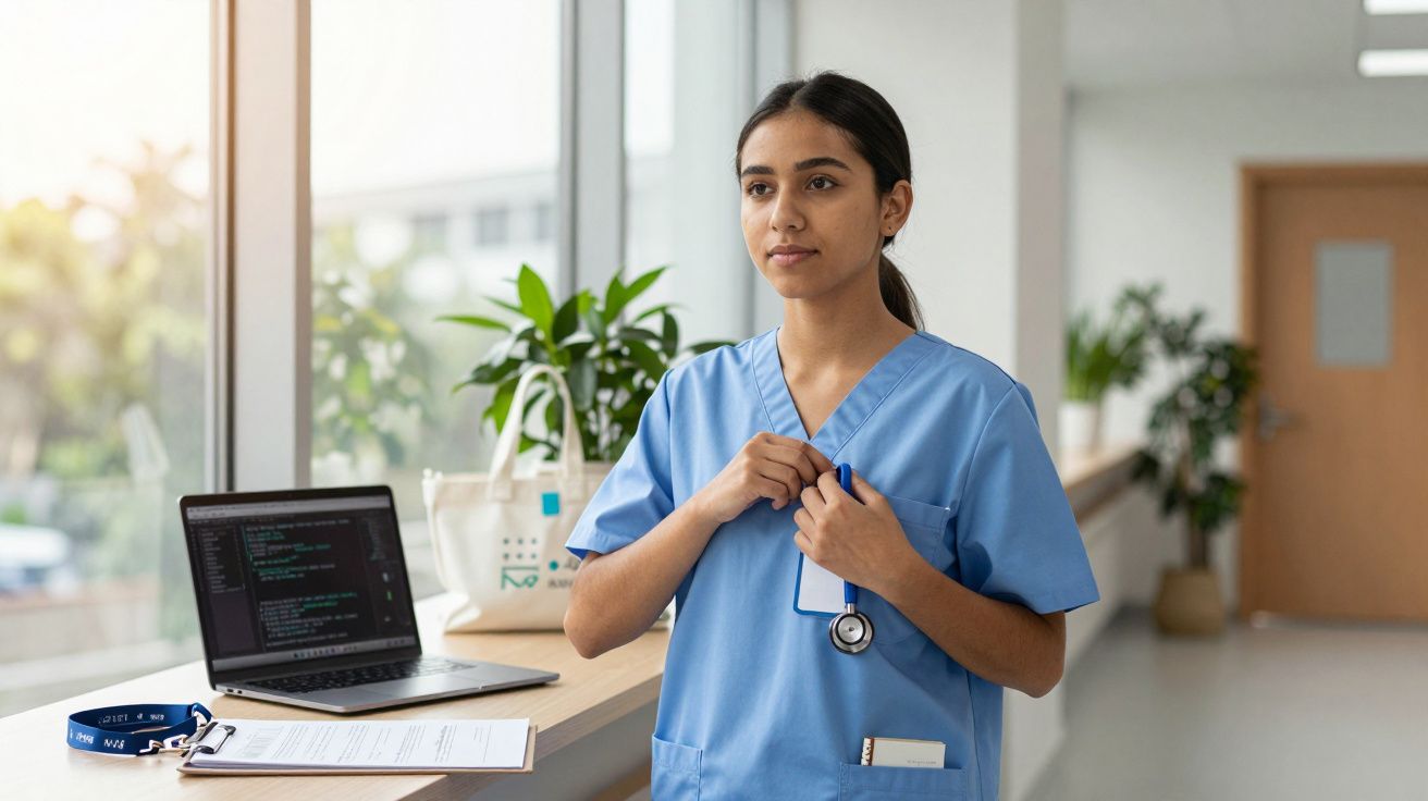 Mujer joven con uniforme médico azul, sosteniendo un estetoscopio en un pasillo iluminado junto a un portátil y papeles.
