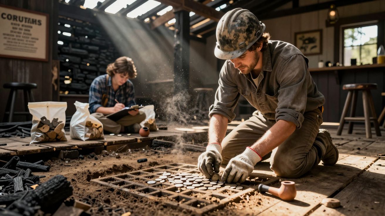 Hombre con casco ordenando monedas en una caja de madera; otra persona toma notas al fondo en una cabaña iluminada.